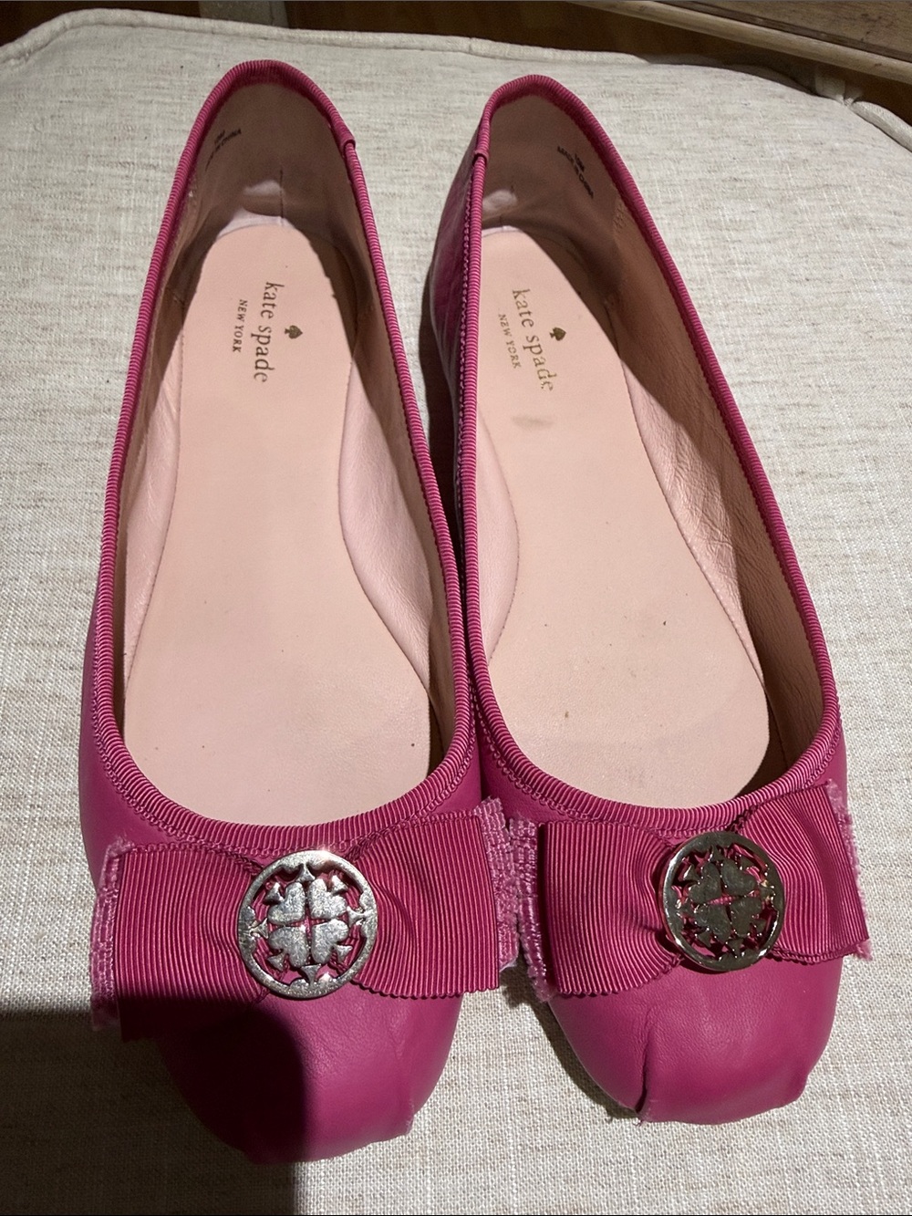 kate spade Pink Leather Bow Flats with Metal Emblem